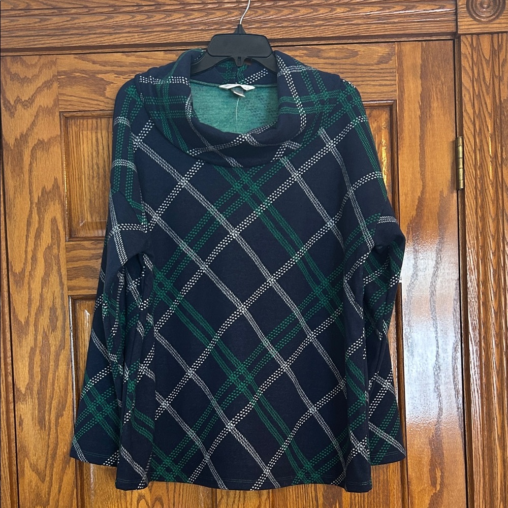 Plaid Cowl Neck Fleece Sweater - Green and Blue, NWT Size XL
